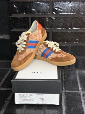 Gucci Brown GG Canvas & Suede Sneakers with Blue and Red Stripes